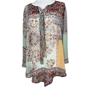Unity World Wear Patchwork Print Sheer Boho Bell Sleeve Tunic V-Neck Tie Med
